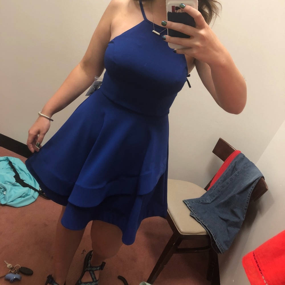blue high neck short dress